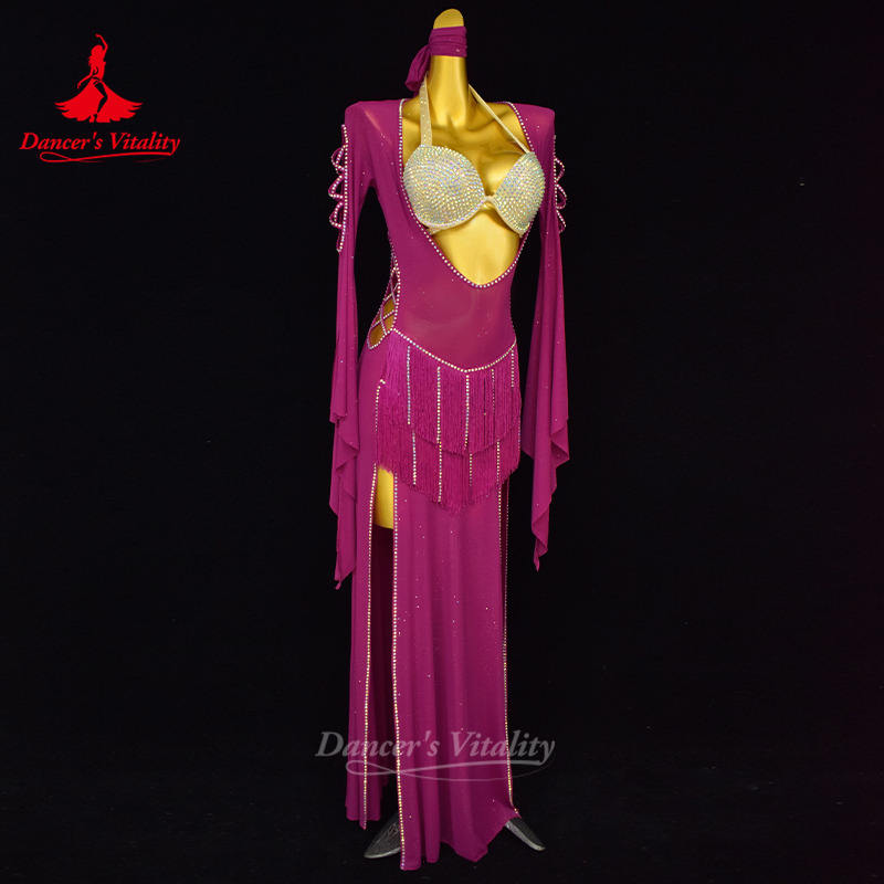 Robes de spectacle de danse du ventre pour femmes, Robe à franges Sexy + soutien-gorge + foulard en pierres AB pour personnes âgées, 3 pièces, tenue Shaabi Balady Saidy pour adultes