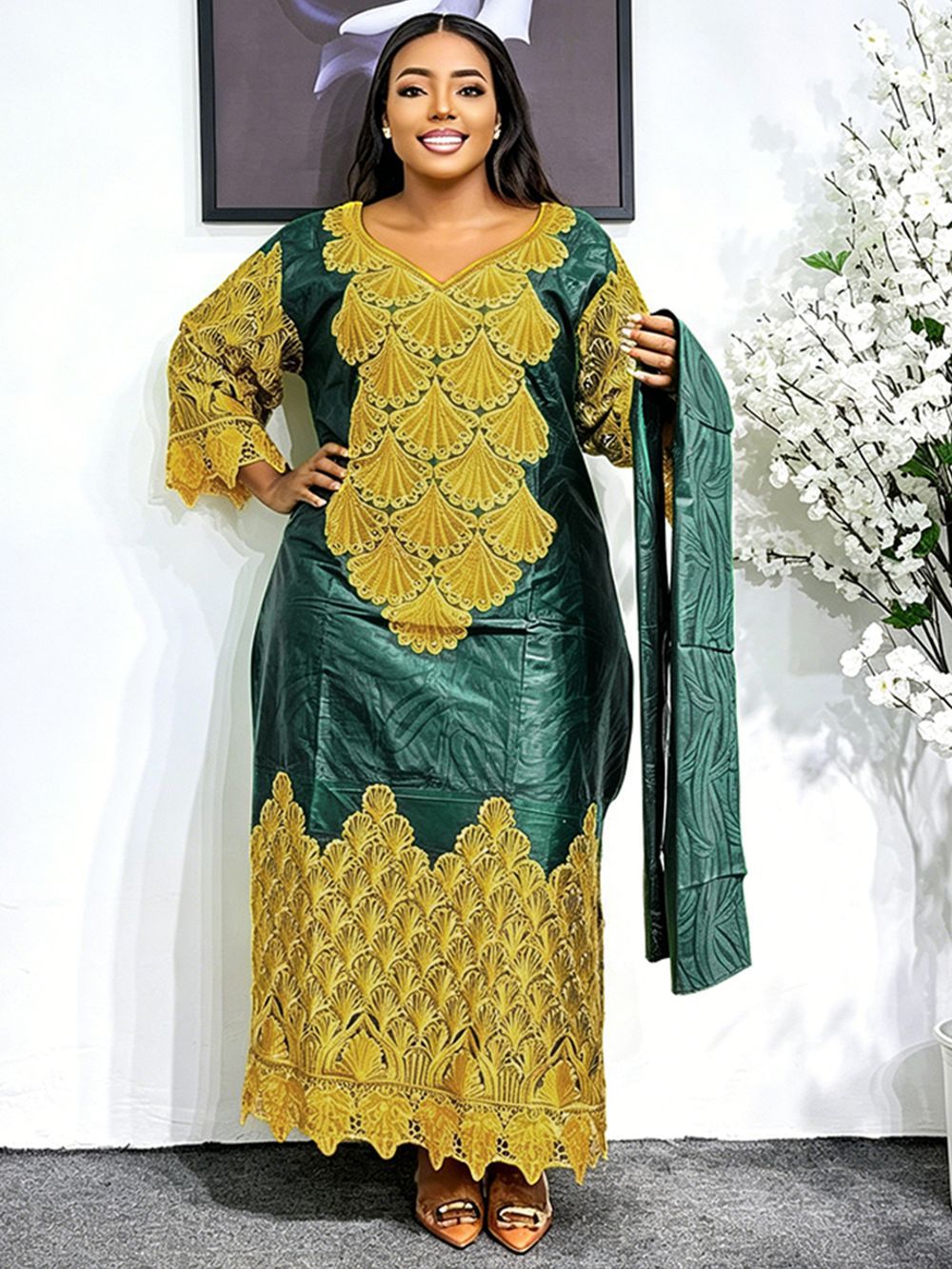 Robes de Soirée et de Mariage Grande Taille pour Femmes Africaines 2026 Nouveauté Dashiki Ankara Broderie Bazin Riche avec Foulard