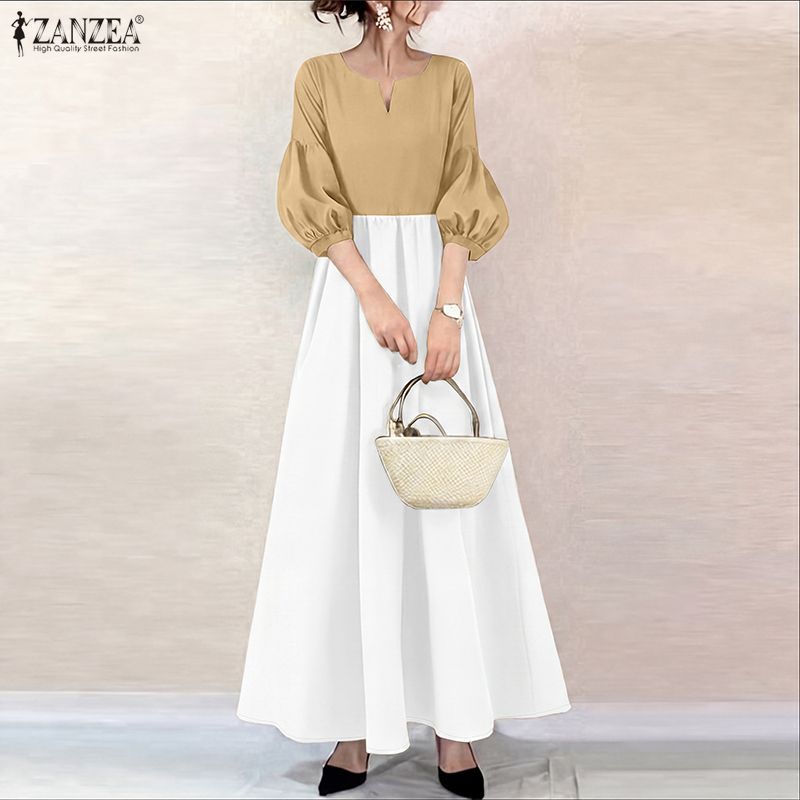 ZANZEA – robe longue de style coréen pour femmes, couleur contrastée, col en v, manches lanternes, robe longue élégante, taille haute, ligne A