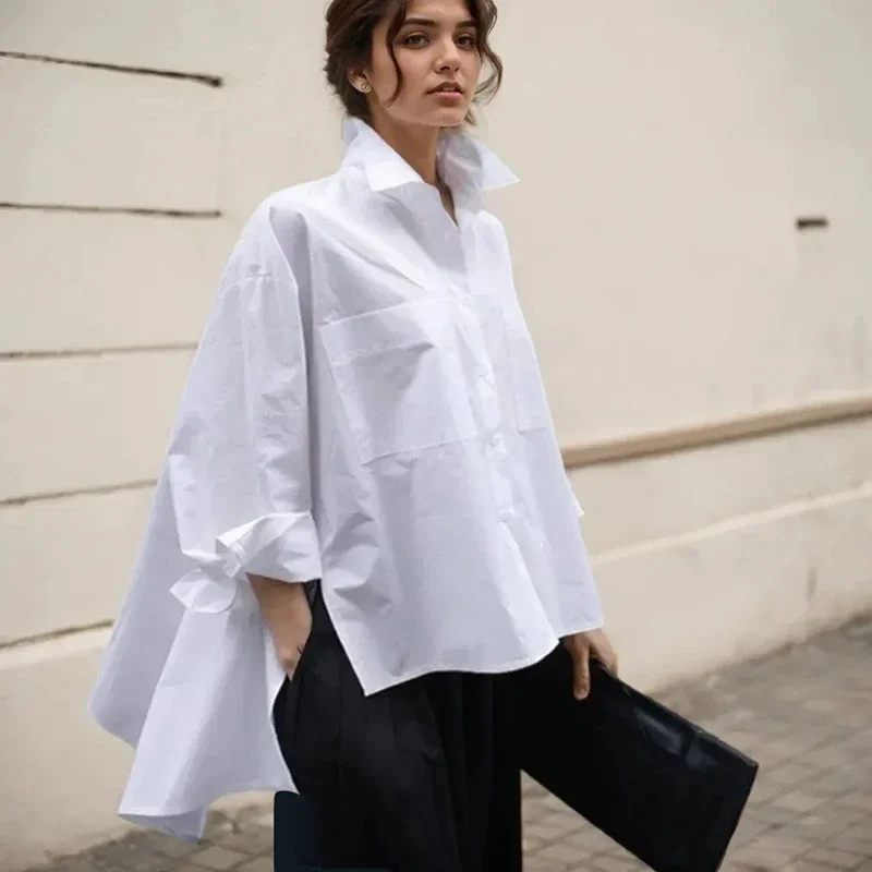 Chemisier décontracté pour femmes, chemise blanche ample irrégulière, mode dame, revers, manches longues, simple boutonnage, hauts de couleur unie, nouvelle collection