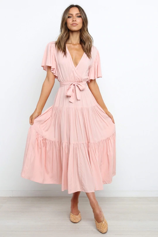 Robe longue décontractée pour femmes, col en V, manches courtes à volants, ceinture à nouer soi-même, volants superposés, tissu léger.