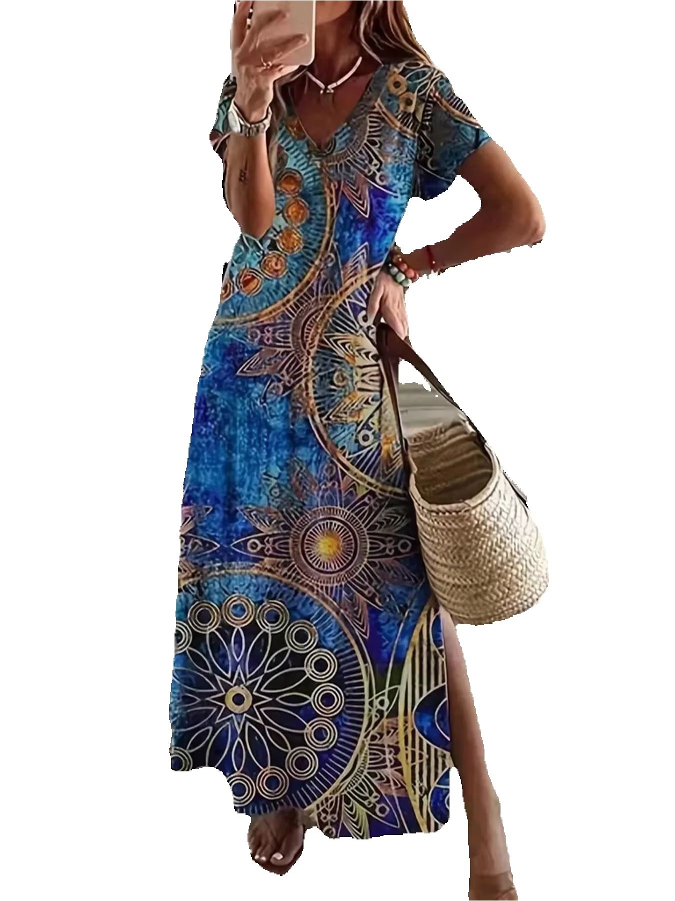 Robe longue bohème d'été décontractée et élégante à imprimé large, col en V fendu, manches courtes