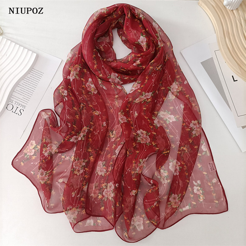 Rouge petite fleur femmes élégant en mousseline de soie Georgette Bandana écharpe été plage crème solaire mince Hijab