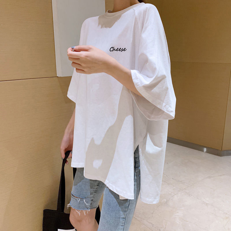T-shirt manches courtes femme, ample, uni, mi-long, décontracté, à la mode, en coton, coréen, été, blanc