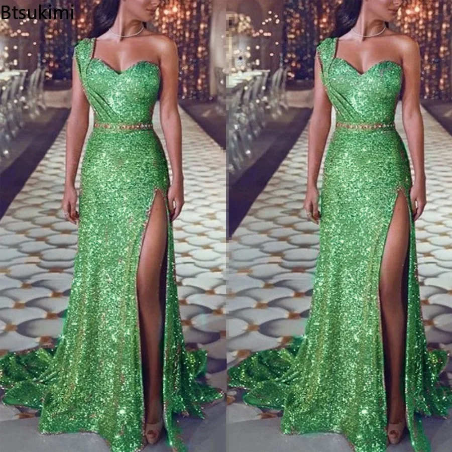 Robe de soirée de mariage pour femmes, élégante, Sexy, décolleté en V profond, asymétrique épaule dénudée, sans manches, paillettes, longue, Maxi, 2026