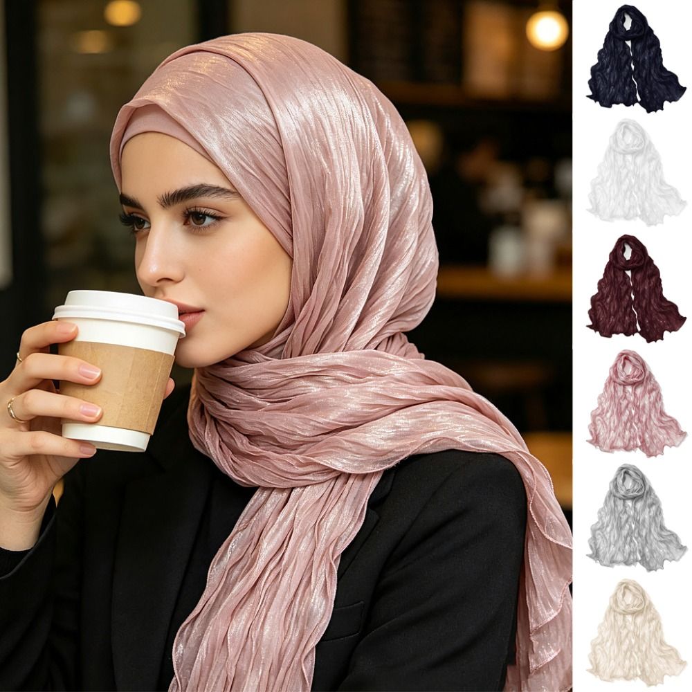 Écharpe longue en soie unie, perlée et brillante, protection solaire, bord festonné doux, pour le Ramadan et l'extérieur
