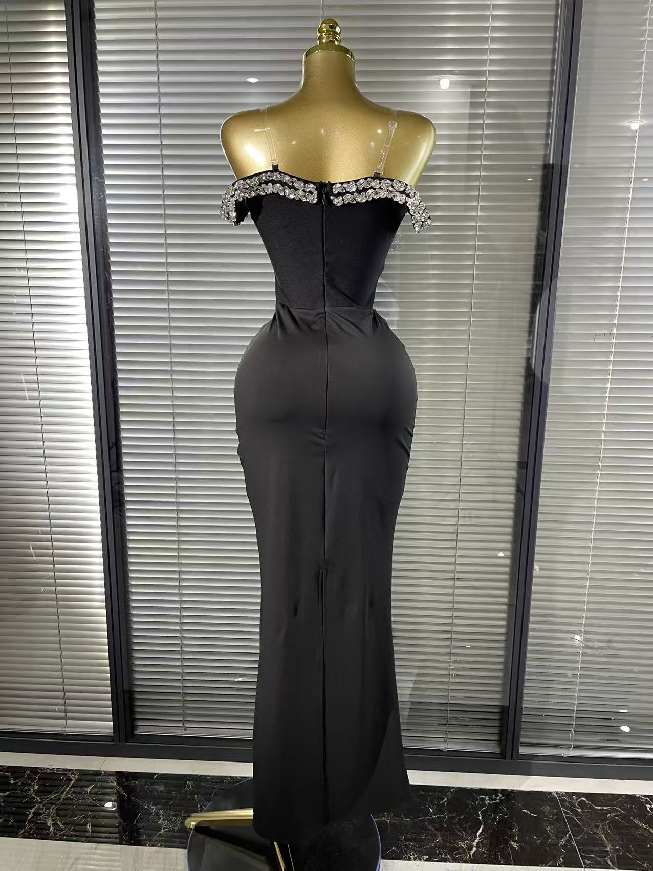 Robe longue moulante en cristal brillant pour femmes, couleur noire, épaules dénudées, Sexy, tenue de soirée élégante, tenue de célébration
