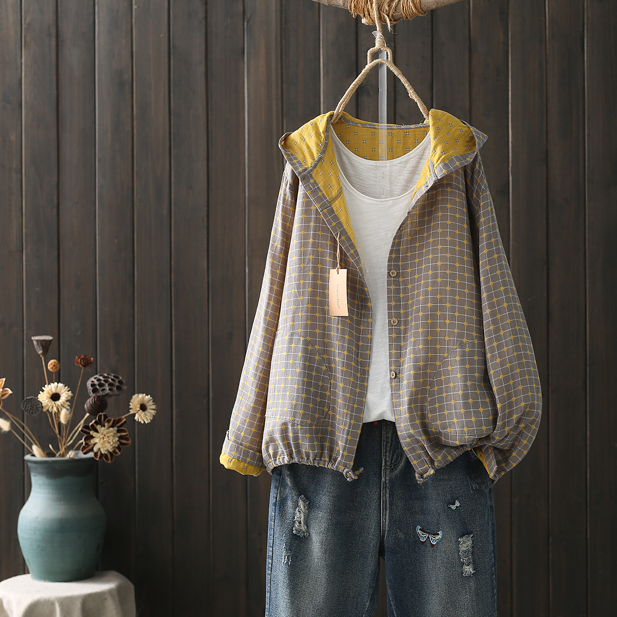 Chemise à Capuche et Manches sulfpour Femme, Chemisier de Grande Taille, Simple Boutonnage, Vêtements Ajustables, Automne et Printemps
