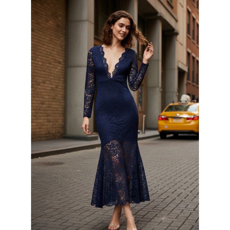 Robe longue en dentelle unie pour femmes, col en V, manches longues, coupe ajustée, robe de soirée moulante.