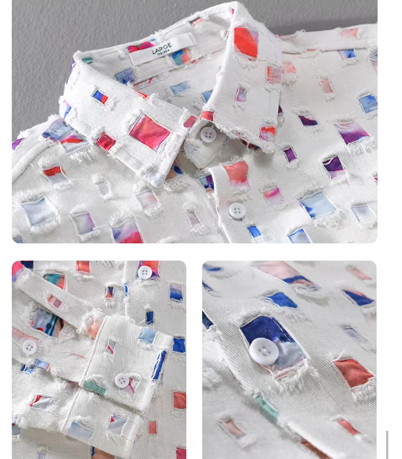 Chemise à col rabattu pour hommes, manteau imprimé à trous cassés, hauts à manches longues, amples, à la mode, chemises de haute qualité, printemps-automne