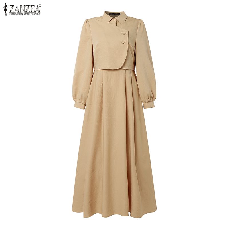 ZANZEA Robe Musulmane Tendance Abaya Ramadan Faux Deux Pièces Femme Élégante Manches Longues Plissée Robe Longue Décontractée Dubaï Kaftan