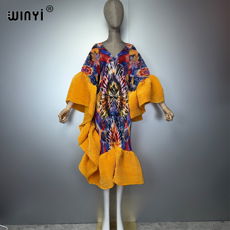 WINYI Robe plissée bohème élastique et ajustée pour femmes musulmanes, tenue de plage, kaftan, abaya, Dubai, luxe, longue, pour les vacances et les soirées