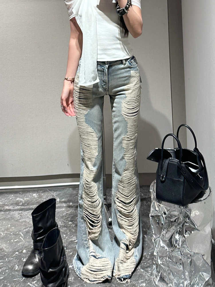 Été femmes Goblin Core Abi Grunge Cyber Punk Flare Jean Y2k japonais Harajuku taille basse déchiré Denim pantalon 2000s cloche-bas