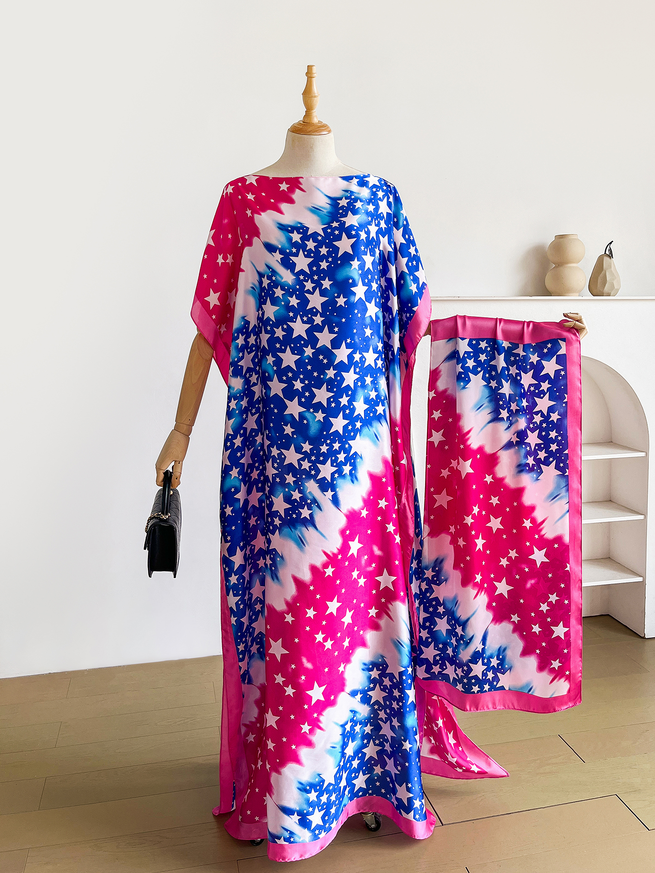 Abaya d'été bohème à imprimé tie-dye avec foulard assorti, robe maxi kaftan ample pour femmes musulmanes africaines, tenue de plage pour les vacances