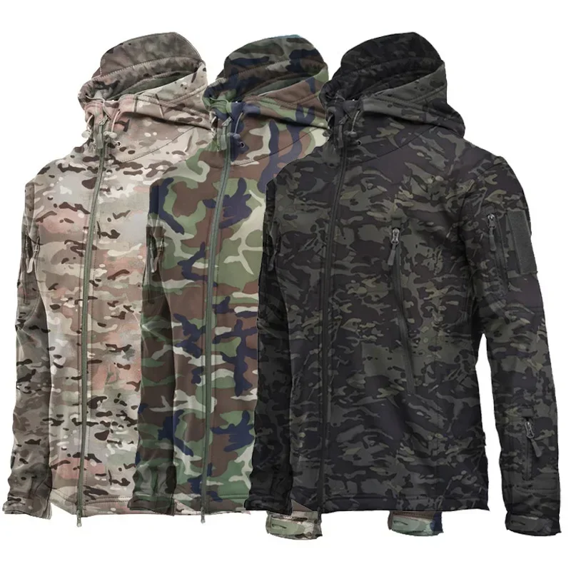 Veste d'extérieur à coque souple bleu marine pour hommes, manteau tactique militaire imperméable, coupe-vent et pantalon à capuche en polaire chaude pour l'hiver