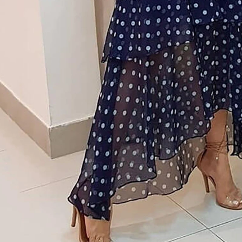 Robe de Soirée Élégante à Pois Imprimé Bleu Foncé, Tenue Plissée Irrégulière, Décontractée, Col en V, Taille Haute, Éducative