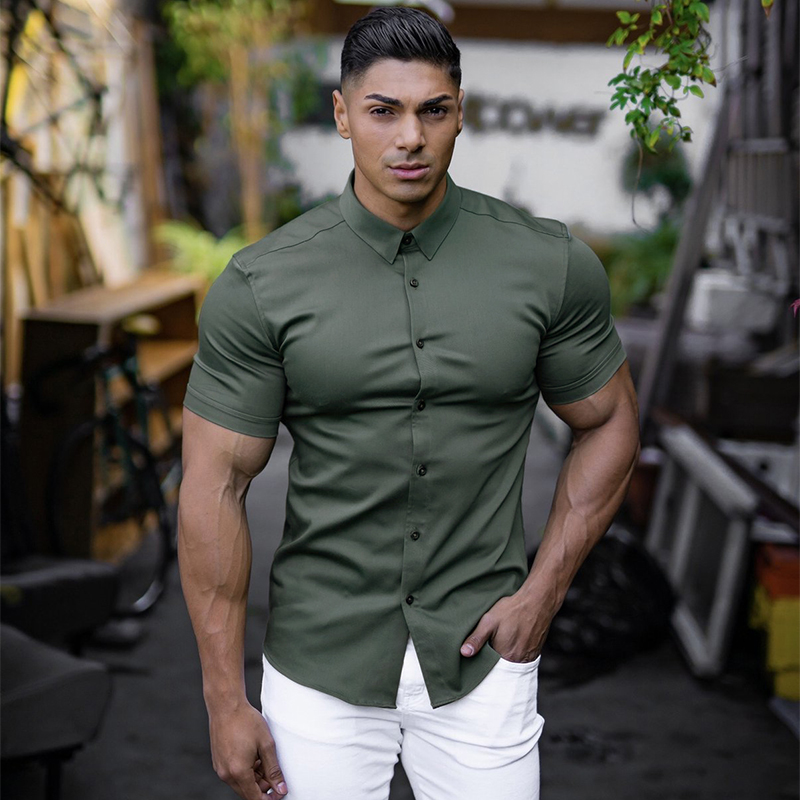 Chemise à manches courtes pour hommes, vêtements d'été, boutons de gymnastique, Fitness, chemises à manches courtes, mode décontractée, Streetwear, Hipster Social