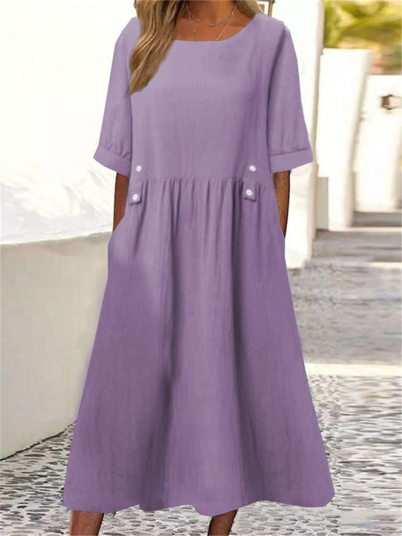 Robe Confortable en Coton et Lin pour Femme, Taille Haute, Décoration de lèvent, Décontractée, Couleur Unie, Demi Manches, Été 2024