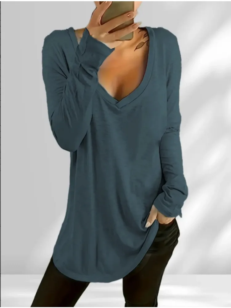 T-shirt uni à col en V pour femme, manches longues, vêtements décontractés pour femme, mode simple, grande taille, 1XL-5XL