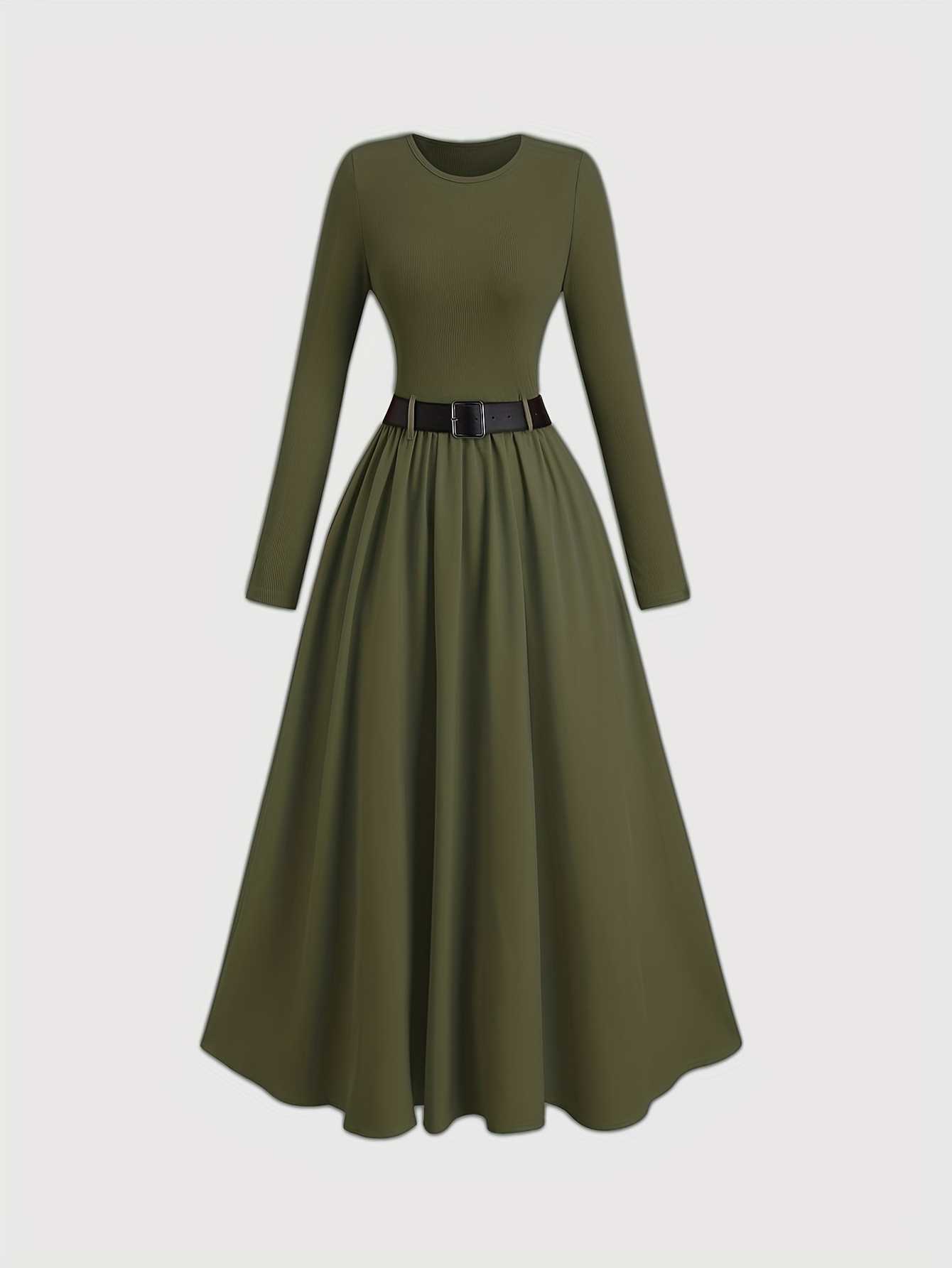 Robe classique minimaliste pour femmes, couleur unie, manches longues, avec ceinture, élégante, décontractée, assortie à toutes les occasions, mode quotidienne