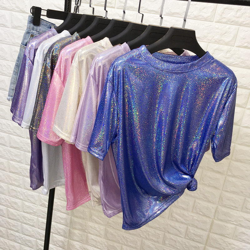 T-shirt manches courtes femme, estival et élégant, en soie brillante, ample, sexy, esthétique, harajuku
