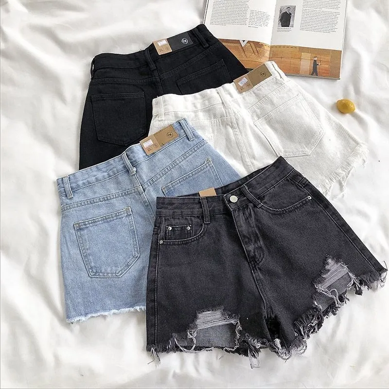 Short en Denim coréen pour femmes, mode d'été décontractée, taille haute, déchiré, poche avec pompon, pantalon chaud Y2K, Streetwear, pantalon bleu