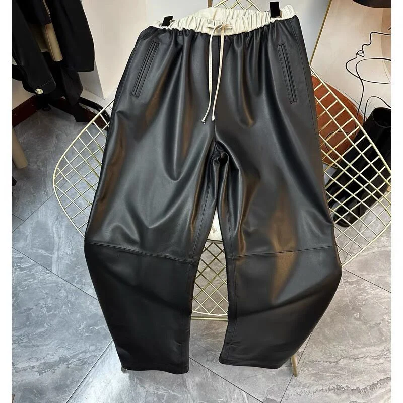 Pantalon classique en cuir véritable pour femme, droit, trempé de pipeline, plus grand, jambes longues, streetwear décontracté, taille élastique