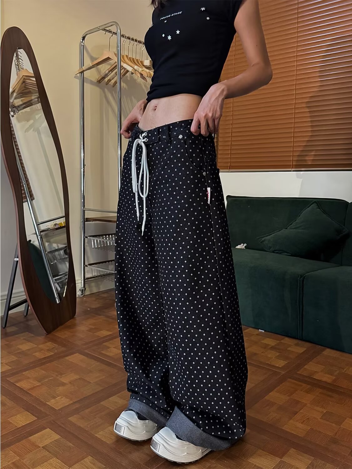 Pantalon femme noir gothique Y2k Baggy jean Harajuku Vintage à pois Denim pantalon japonais années 2000 Style surdimensionné jean pantalon