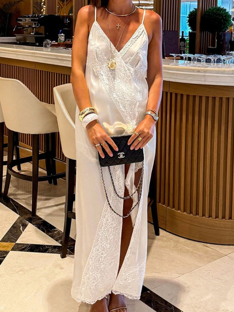 Nouvelle Robe Longue Élégante Française en Satin et Dentelle avec Fente, Design Stylé et Raffiné, Combinaison de Plage pour Vacances, Jupe Longue