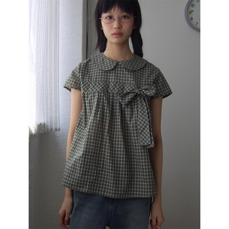 Chemises à carreaux Vintage pour femmes, chemisiers japonais à col Peter Pan avec nœud Harajuku, esthétique coréenne d'été, manches courtes, hauts décontractés, nouveau
