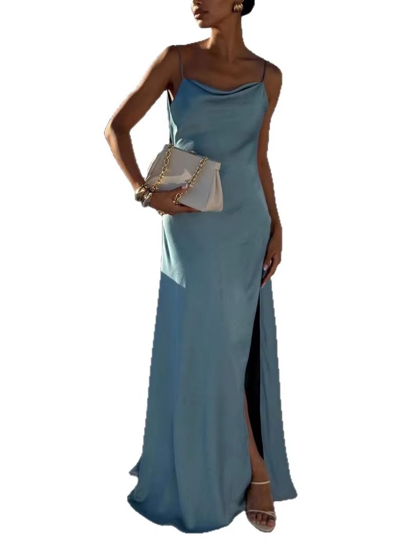 Robe de soirée élégante en satin pour femme, chic, dos nu, sans manches, fente haute, longue, de luxe, nouvelle collection 2026