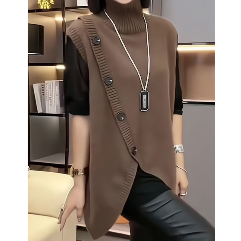 Femmes sans manches longs pull gilets Vintage irrégulière épissé bouton tricots vêtements d'extérieur pulls élégant col roulé gilets amples