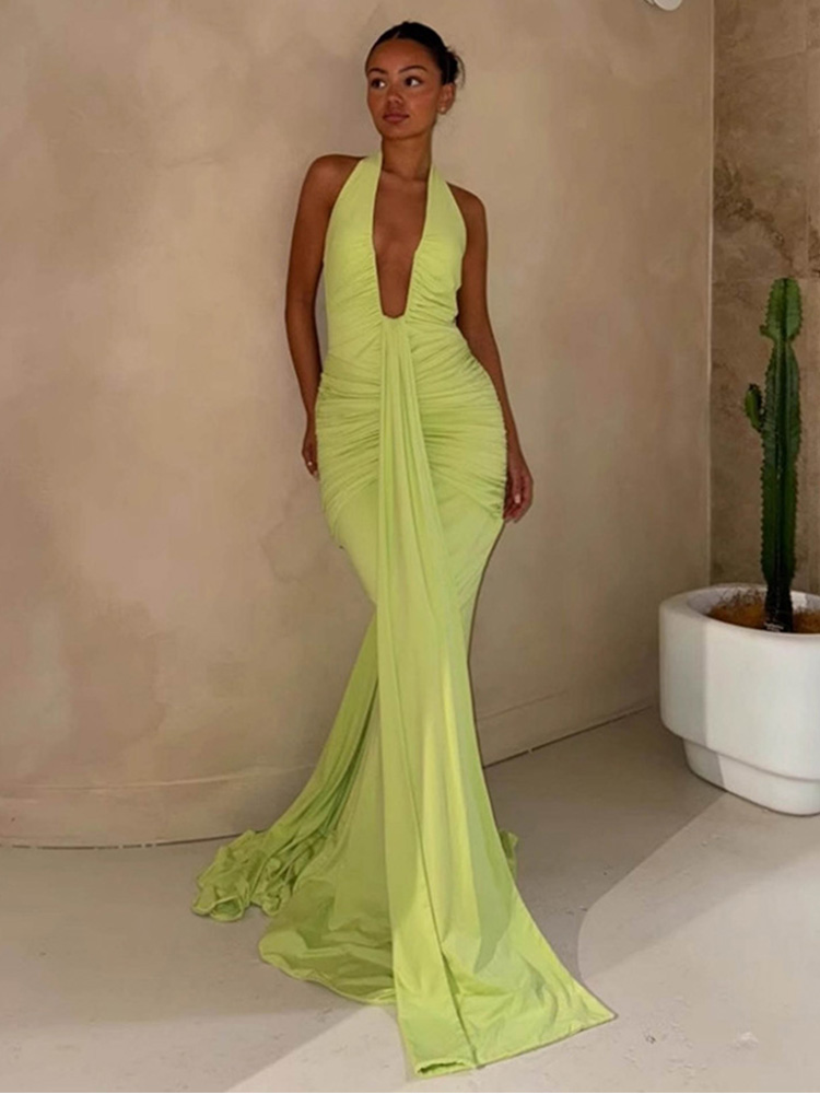 Col en V profond drapé froncé Sexy robe Maxi femmes mode d'été licou sans manches dos nu Club fête longue robe élégante