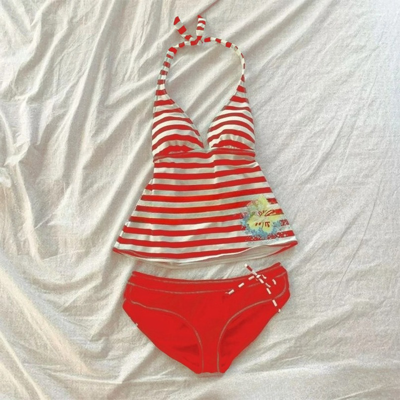 Femmes été plage Bikini ensemble Sexy mince Chic rayé licou col en V maillot de bain 2 pièces Vintage décontracté maillots de bain fendu maillot de bain