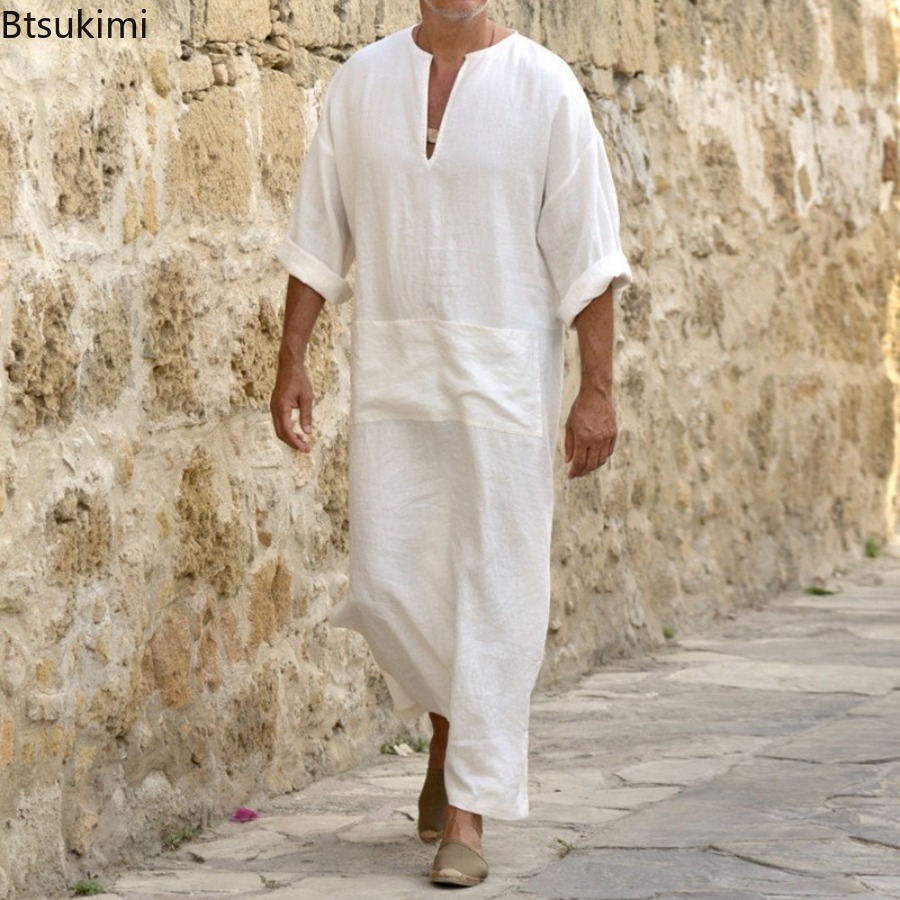 Nouveaux T-shirts longs en coton et lin pour hommes 2026, Abayas décontractées unies, Jubba Thobe Kaftan, Robes arabes islamiques à col en V et manches longues