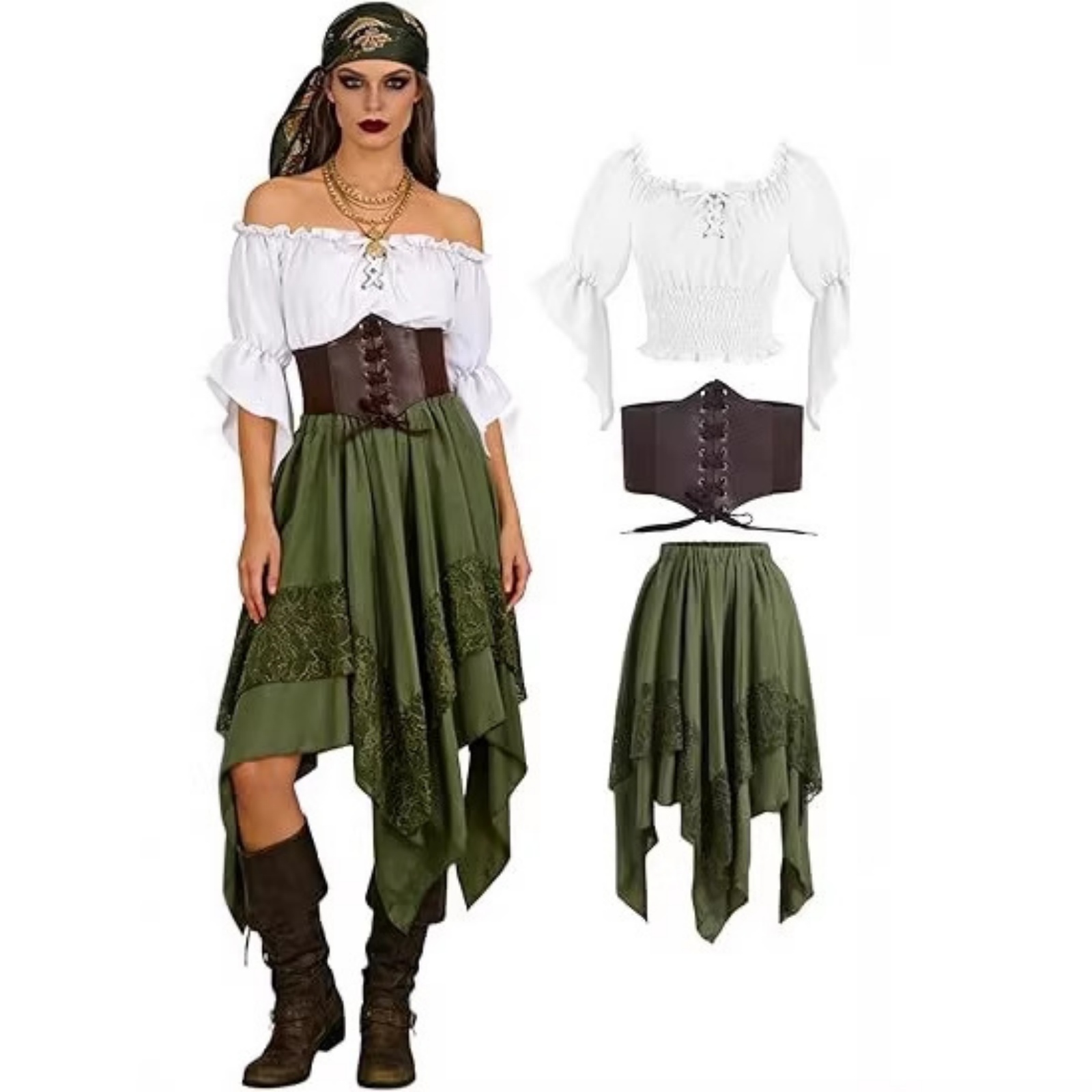 Jupe de pirate, robe de la Renaissance, costume de fée asymétrique pointu pour femme, haut de fermière médiéval, ensemble d'Halloween
