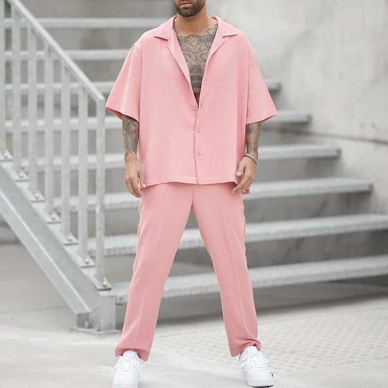 Ensemble Chemise et Pantalon à Revers pour Homme, Vêtements Décontractés, Couleur Unie, Manches Courtes, Costumes 2 Pièces, Tenues de Loisirs, Été