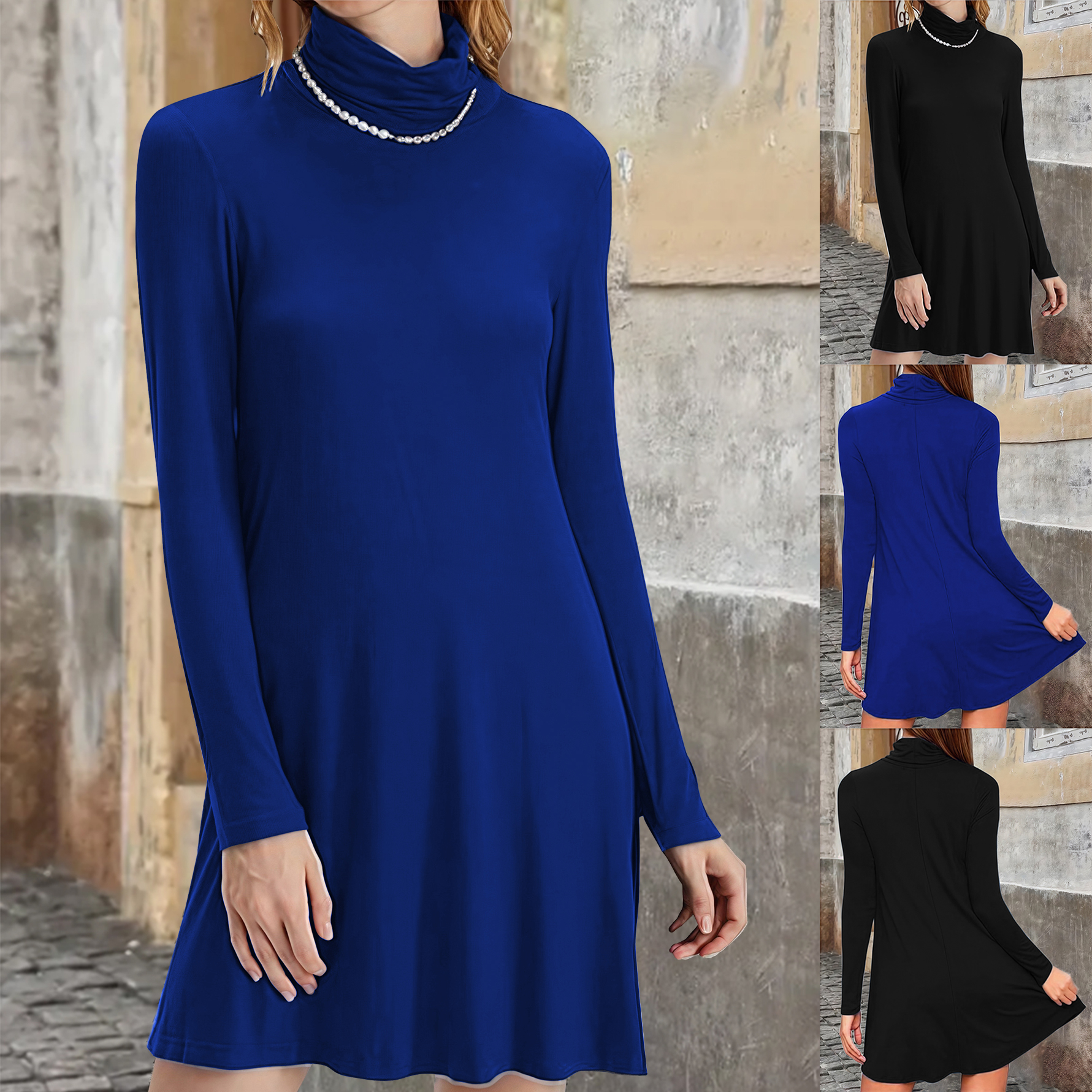Robe élégante à col roulé de couleur unie pour femmes, tenue de bureau grande taille, robe polyvalente à manches longues pour automne et hiver