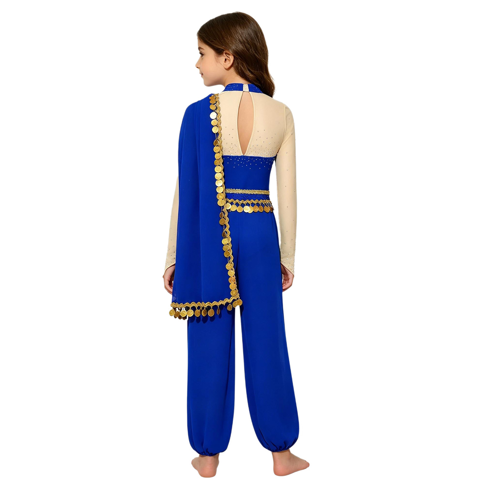 Tenues de danse du ventre de princesse arabe pour filles, costume de cosplay d'Halloween, combinaison à paillettes, franges et strass, body à manches longues