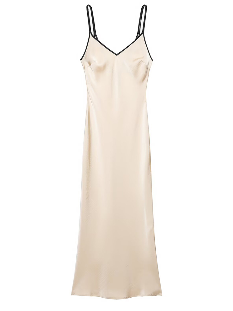 Robe longue élégante en satin de soie HH pour femme, col en V, bretelles spaghetti, coupe ajustée, pour soirée, été