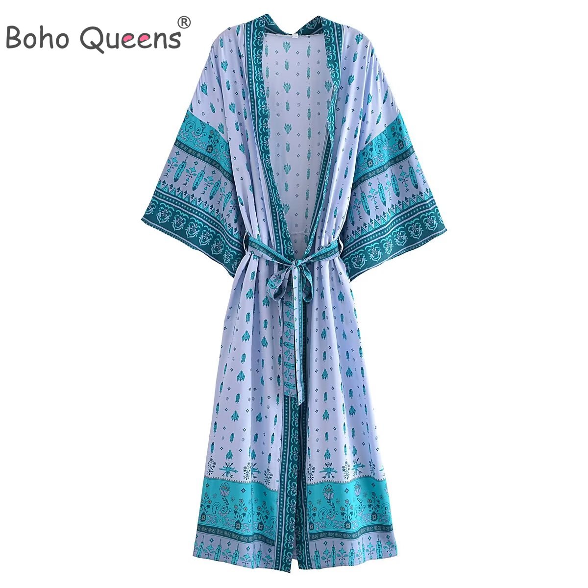 Kimono style bohème pour femmes, vintage, imprimé floral, ceintures, boho, col en V, manches chauve-souris, rayonne, robe maxi, couverture
