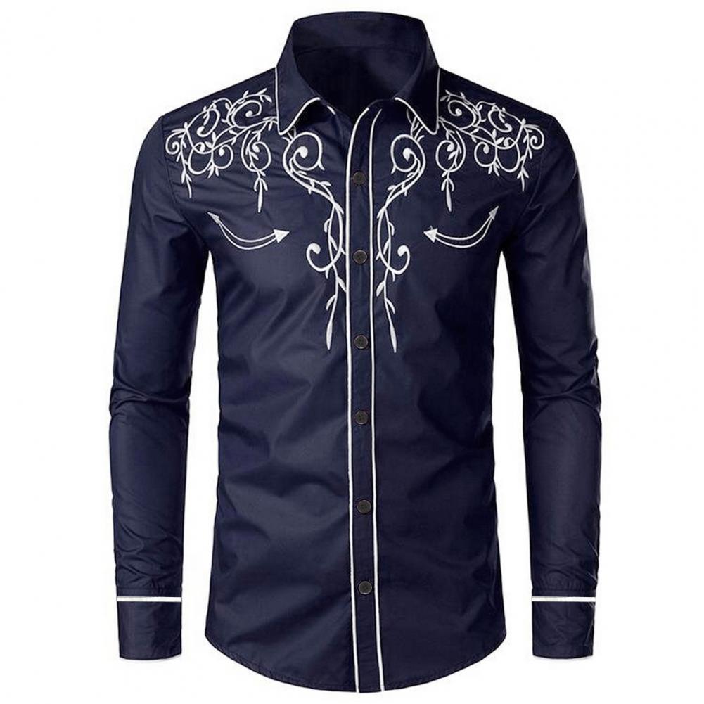 Chemise brodée à la mode pour hommes, Style Cowboy occidental, manches longues, col à revers, simple boutonnage, chemise brodée, haut décontracté