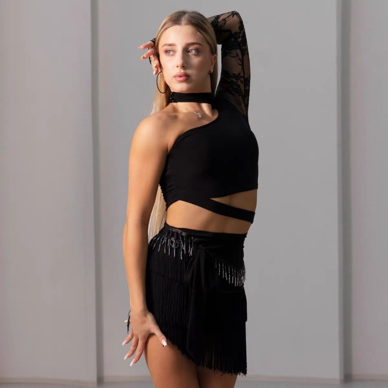 Robe de danse latine en dentelle pour femmes, ensemble haut à une seule manche noir et jupe à franges, costume de performance pour la danse Cha Cha, entraînement de Samba, Rumba