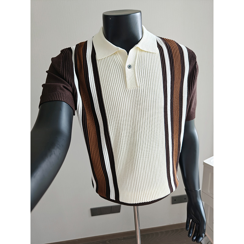 Polo tricoté en soie glacée à manches courtes pour homme 2026 – T-shirt décontracté à rayures, style business, color block, streetwear tendance