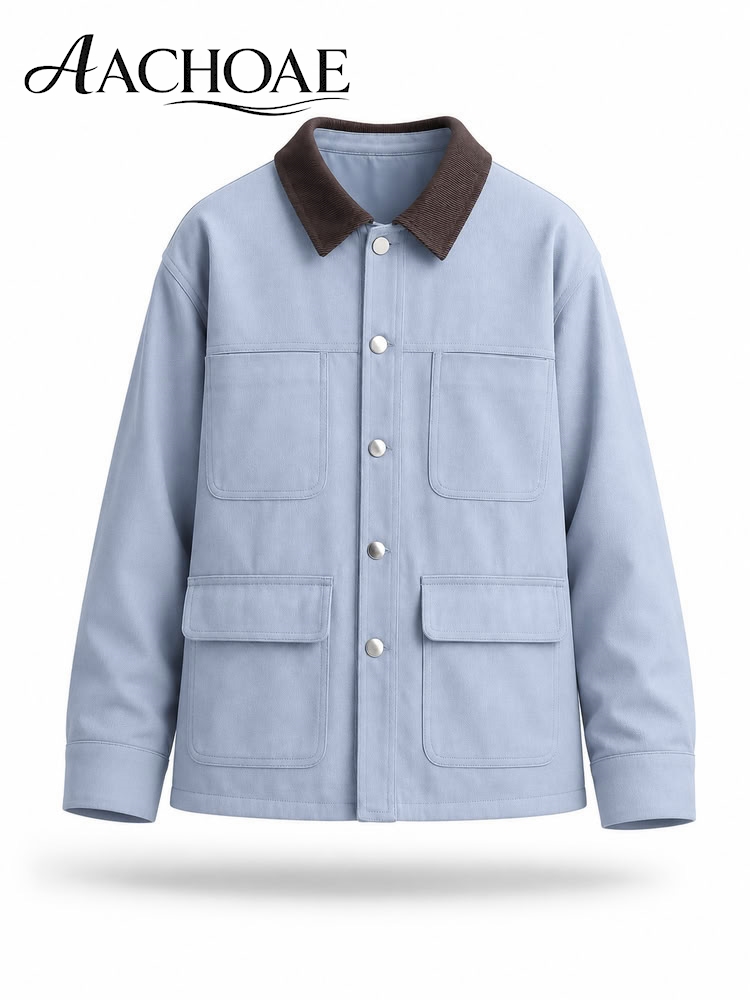 Veste utilitaire vintage pour femme, col en velours côtelé, manteau de travail, veste cargo décontractée surdimensionnée