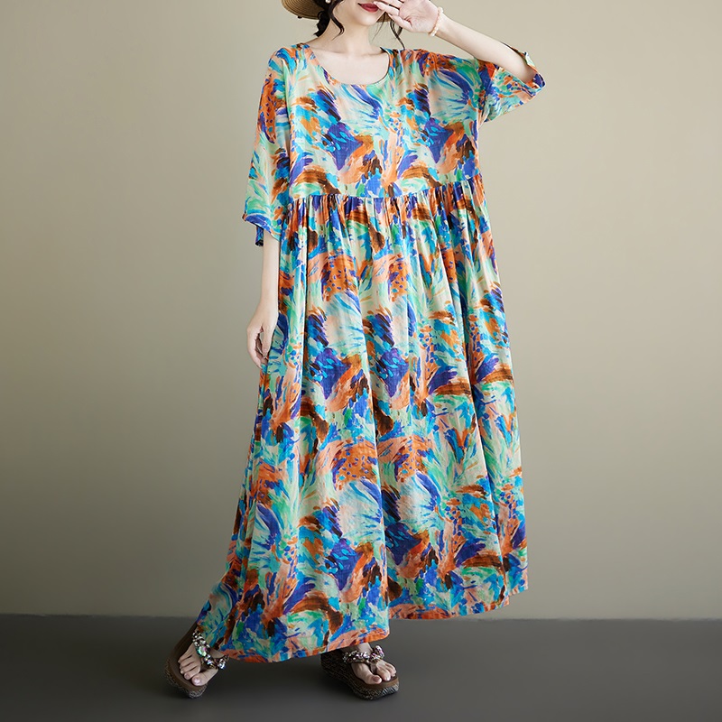 Nouvelle robe longue d'été décontractée et ample à manches courtes en coton vintage à motif floral pour femme, vêtement élégant 2026