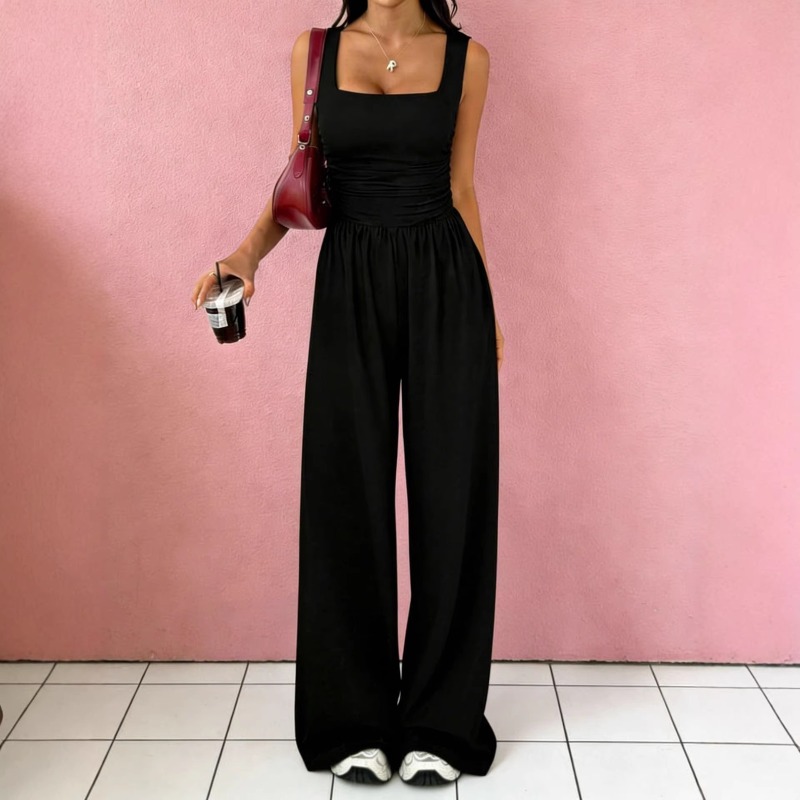 Ensemble deux pièces pour femme : débardeur froncé à col carré et pantalon taille haute à poches larges, couleur unie, style décontracté, streetwear, tenue assortie