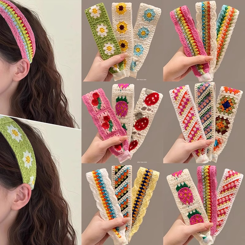 Fleur colorée bandeau doux Floral tricot frange autocollant magique mignon fille cheveux cravate bandeaux cheveux accessoires pour femmes Diademas