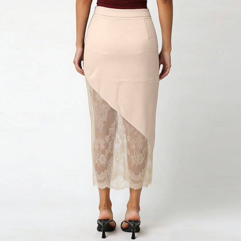 Jupe longue en satin de soie Maemukilabe pour femme, jupe maxi élégante à taille haute élastique avec patchwork en dentelle, jupe midi pour soirée