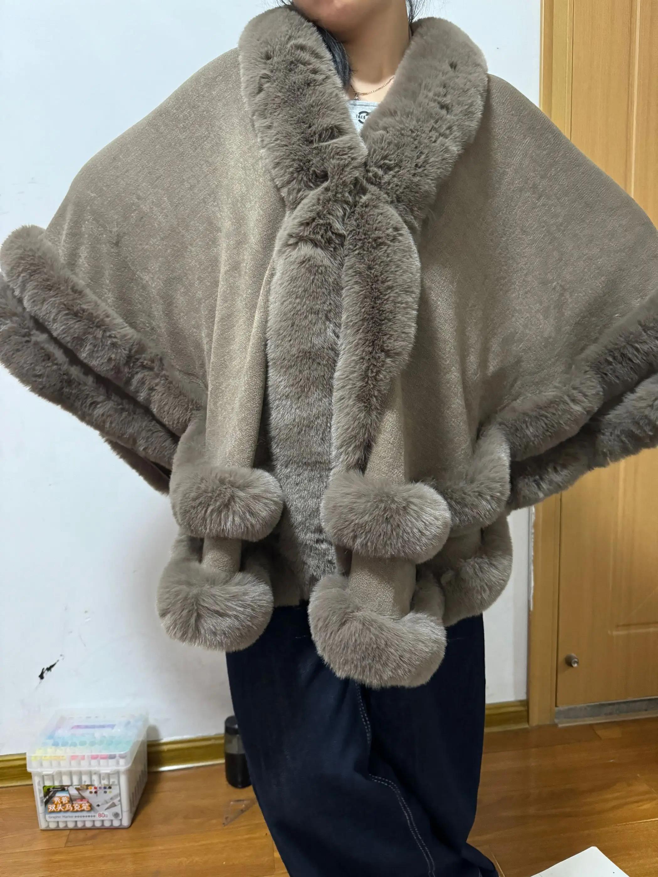Cape de luxe pour femme, 5 couleurs, automne-hiver, épaisse et chaude, avec 2 cercles en fausse fourrure de lapin, idéale pour mariage
